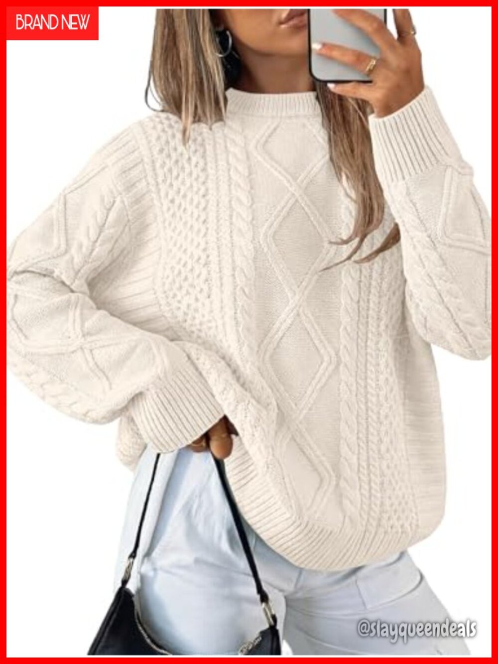 Oversized Cable Knit Pullover Sweater Long Sleeve Crew Neck